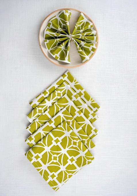 Green And White 6 Pieces Geometric Printed Cotton Table Napkins