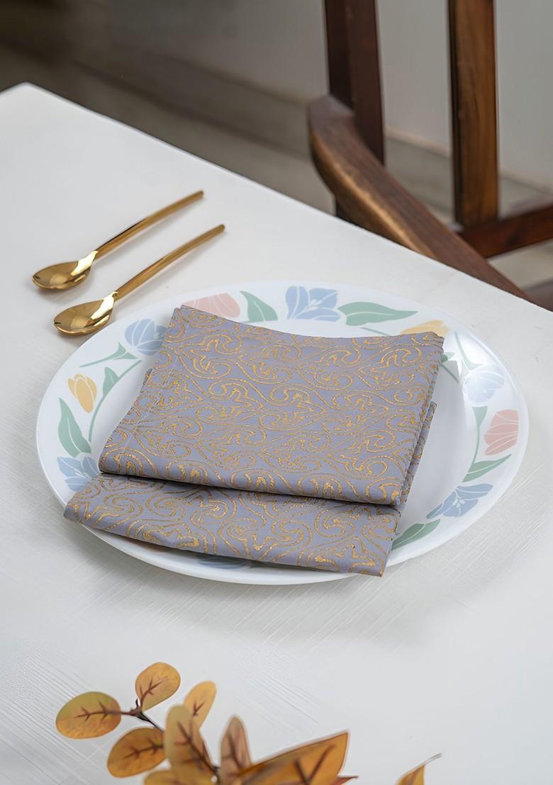 Grey And Brown 6 Pieces Floral Printed Cotton Dinner Table Napkins