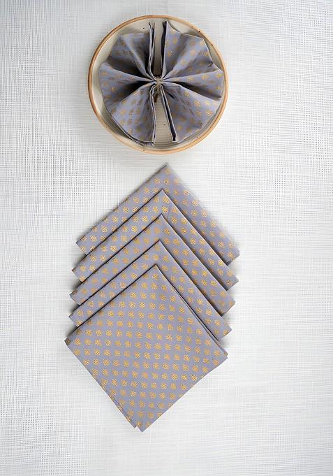 Grey And Brown 6 Pieces Floral Printed Cotton Dinner Table Napkins