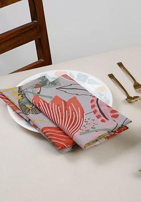 Grey And Pink 4 Pieces Floral Printed Cotton Dinner Table Napkins