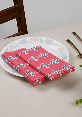Pink And White 4 Pieces Geometric Printed Cotton Dinner Table Napkins