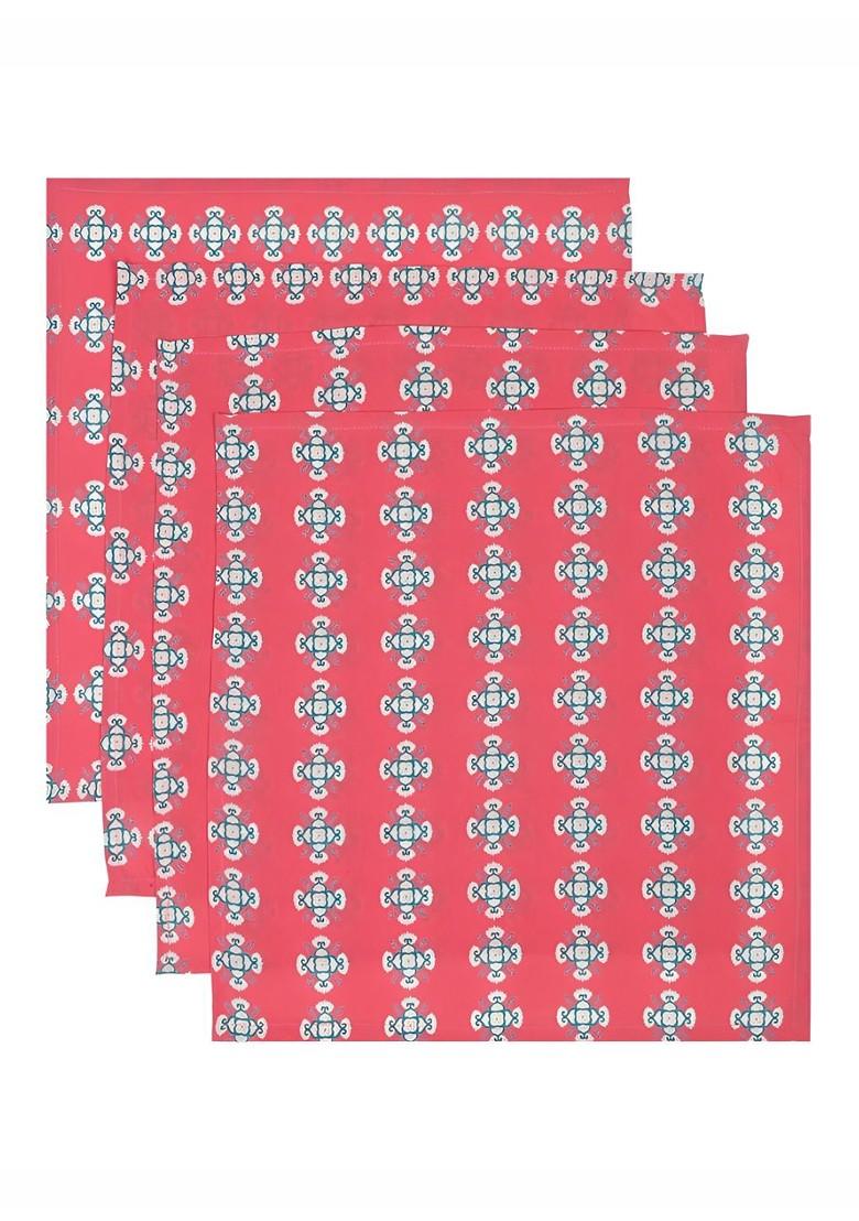 Pink And White 4 Pieces Geometric Printed Cotton Dinner Table Napkins