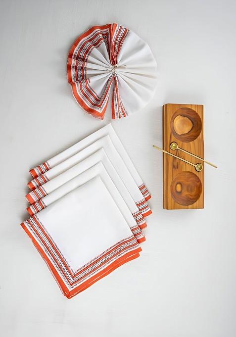 White And Red 6 Pieces Cotton Dinner Table Napkins