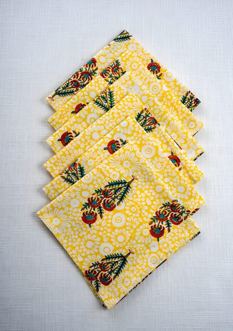 Yellow And Red 6 Pieces Floral Printed Cotton Dinner Table Napkins
