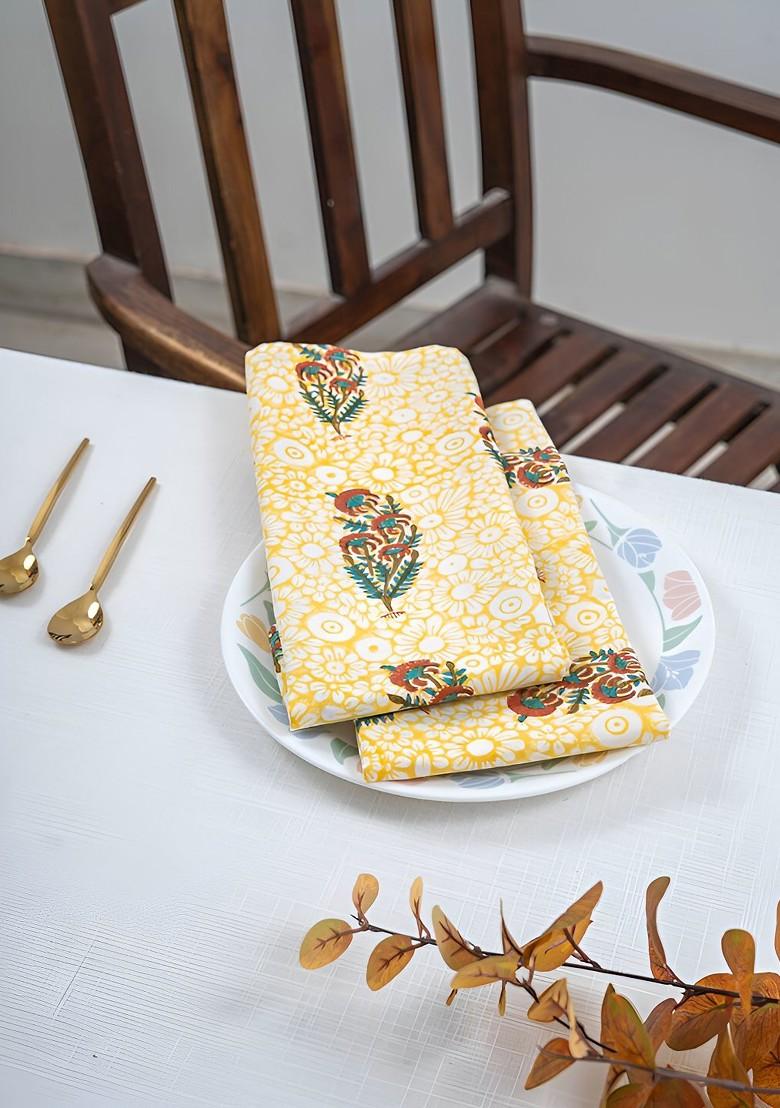 Yellow And Red 6 Pieces Floral Printed Cotton Dinner Table Napkins