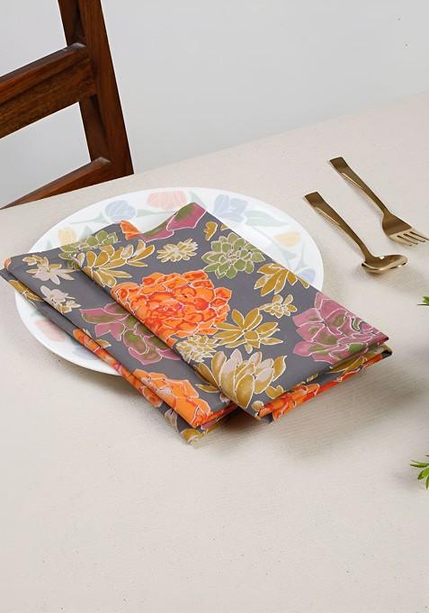 Grey And Beige 4 Pieces Floral Printed Cotton Dinner Table Napkins