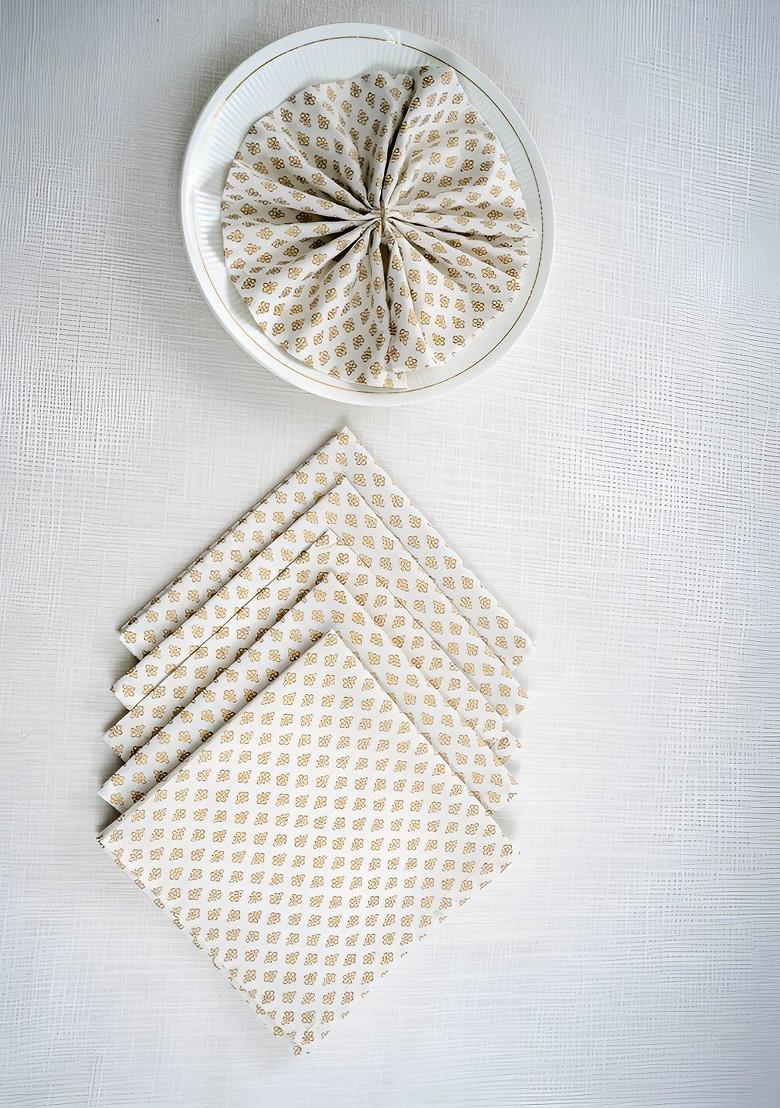 White And Yellow 6 Pieces Floral Printed Cotton Dinner Table Napkins