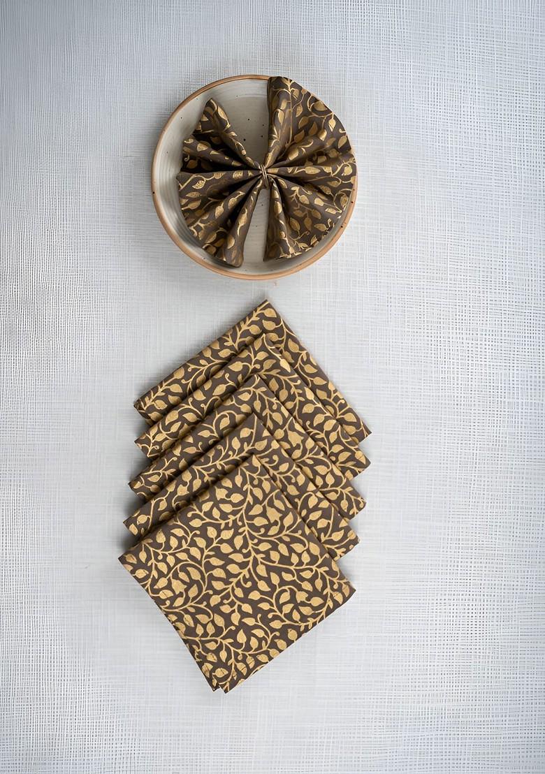 Brown And Yellow 6 Pieces Gold Leaf Printed Cotton Dinner Table Napkins