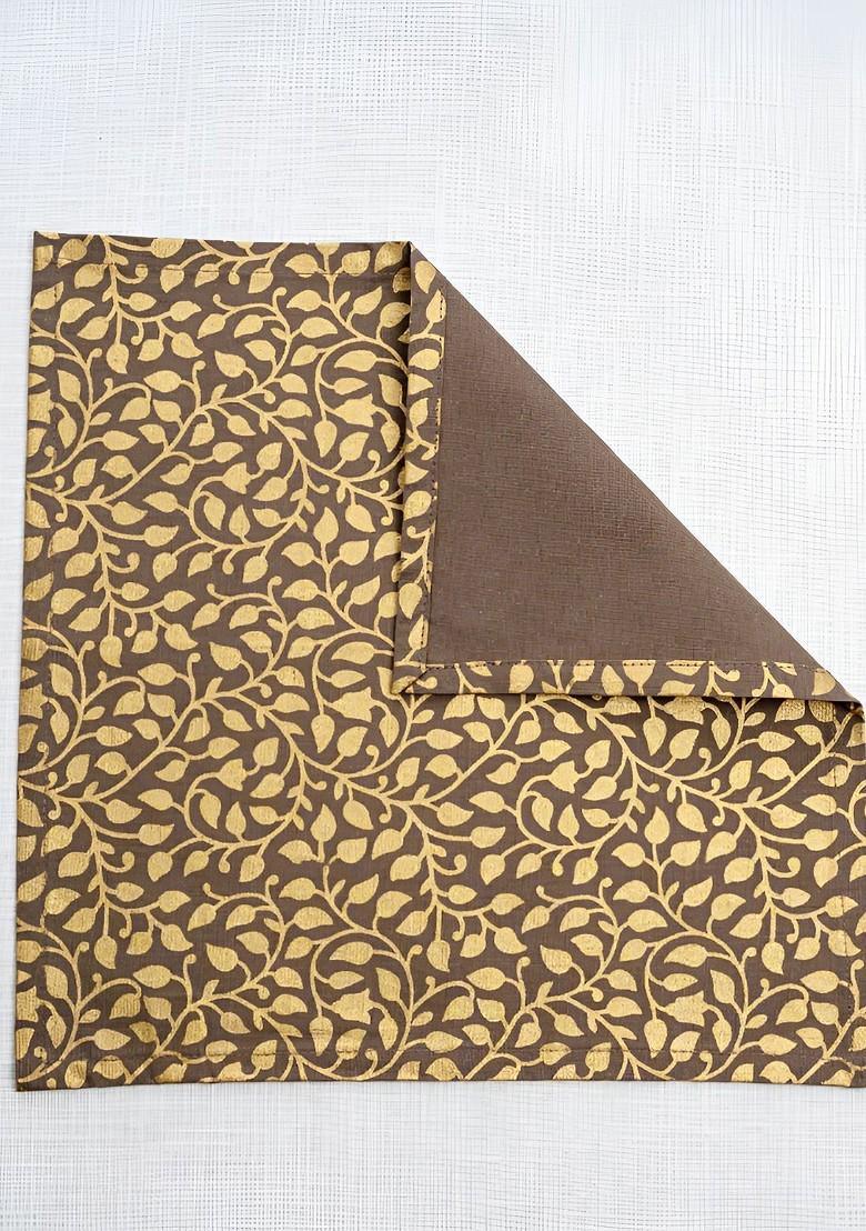 Brown And Yellow 6 Pieces Gold Leaf Printed Cotton Dinner Table Napkins