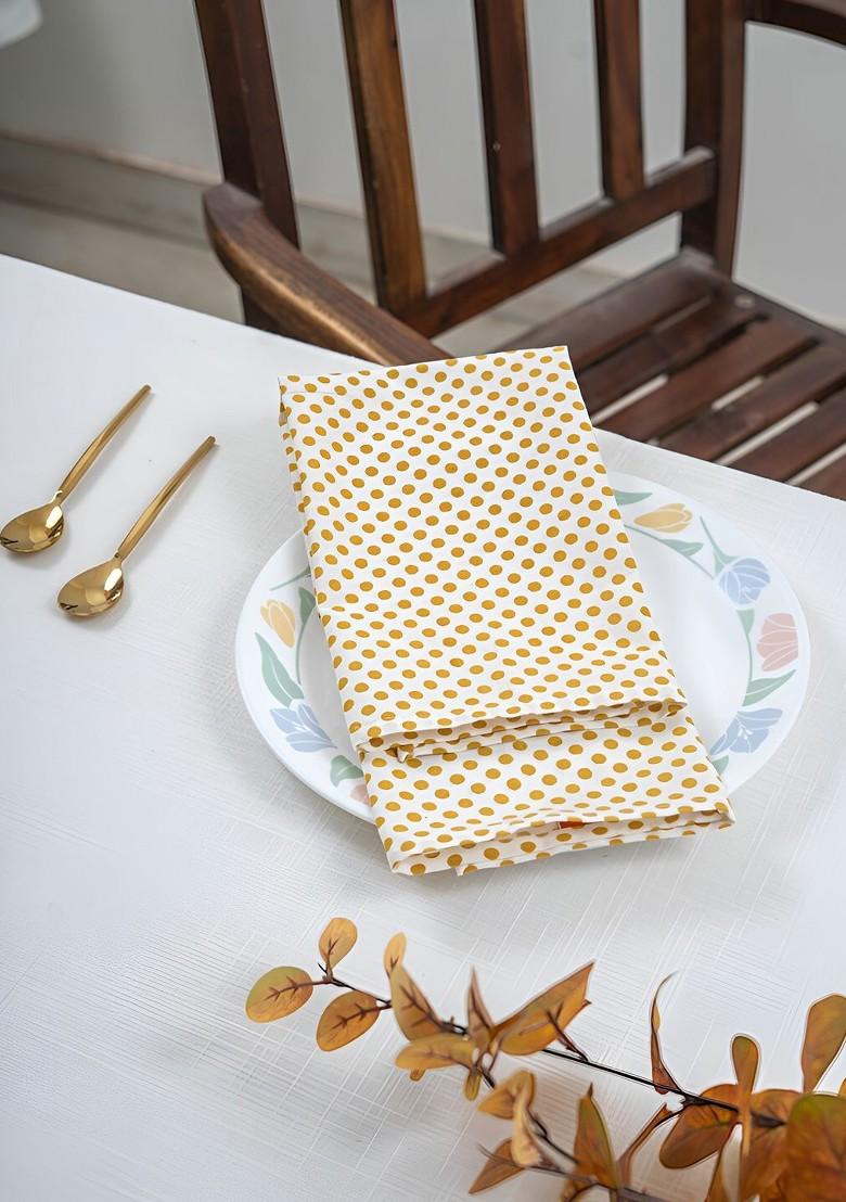 White And Yellow 6 Pieces Polka Dot Printed Cotton Dinner Table Napkins