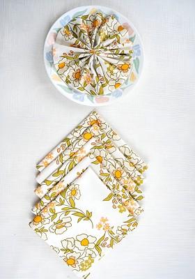 White And Green 6 Pieces Floral Printed Cotton Dinner Table Napkins