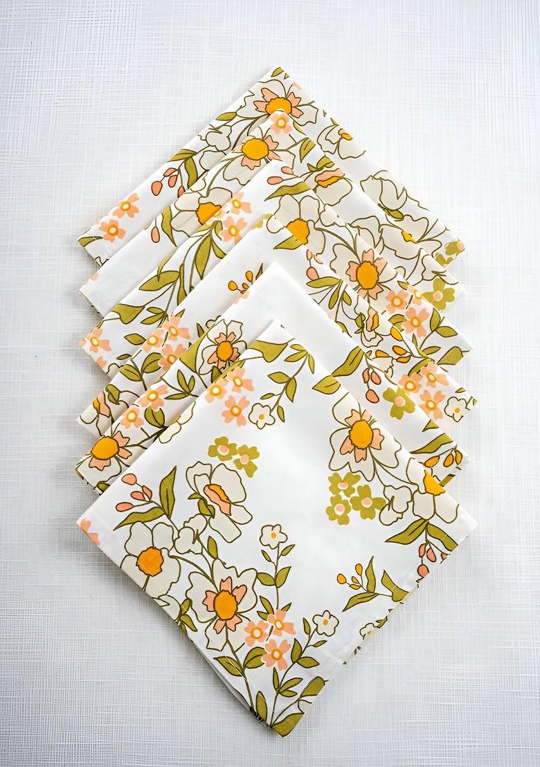 White And Green 6 Pieces Floral Printed Cotton Dinner Table Napkins