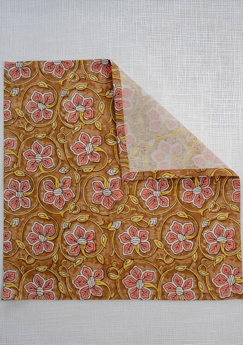 Brown And White 6 Pieces Floral Printed Cotton Dinner Table Napkins