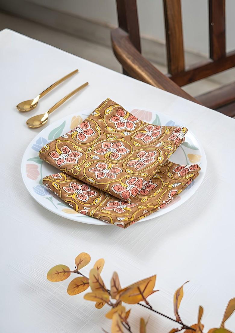Brown And White 6 Pieces Floral Printed Cotton Dinner Table Napkins