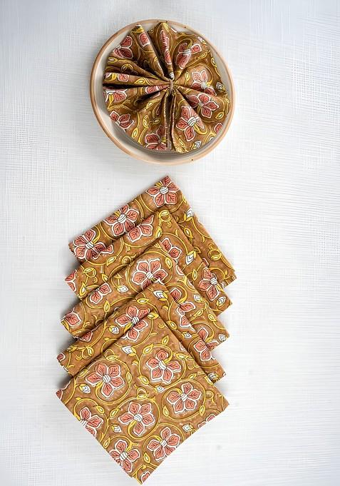 Brown And White 6 Pieces Floral Printed Cotton Dinner Table Napkins