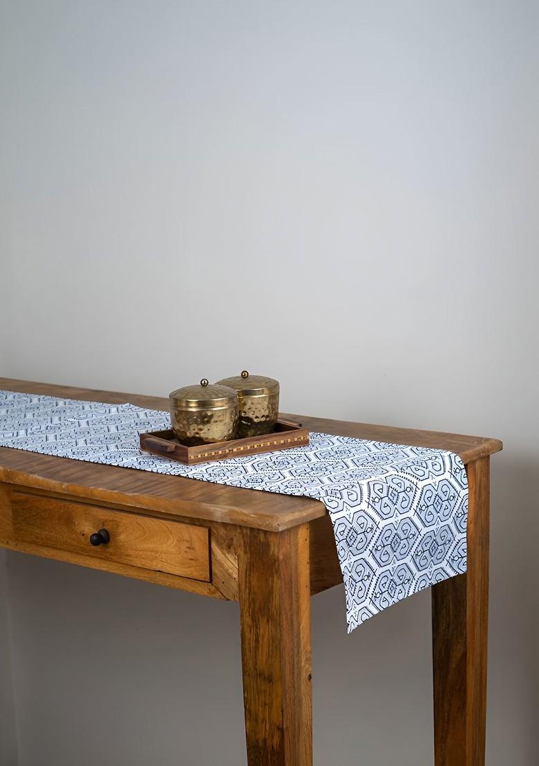 White And Blue Geometric Printed Pure Cotton Table Runner