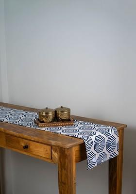 Off White And Blue Geometric Printed Pure Cotton Table Runner