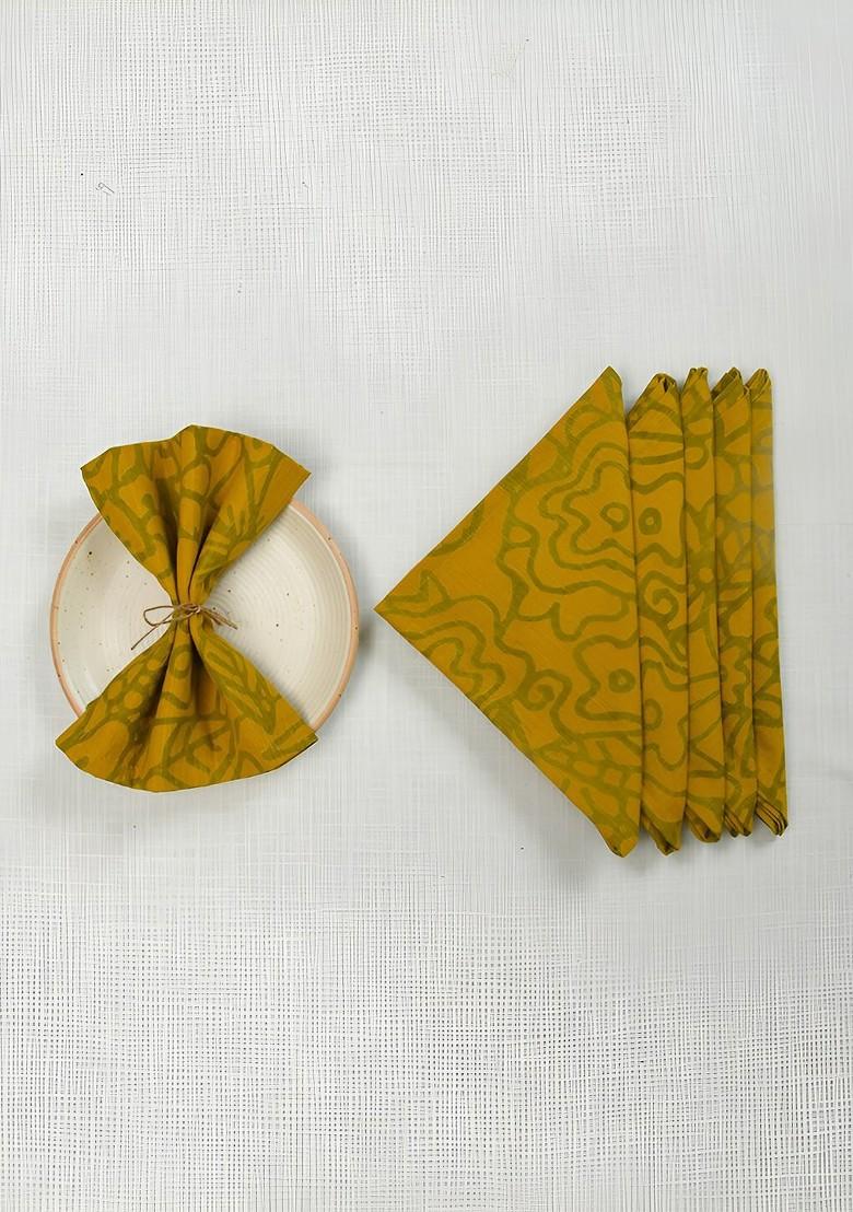 Yellow And Green 6 Pieces Printed Cotton Table Napkins