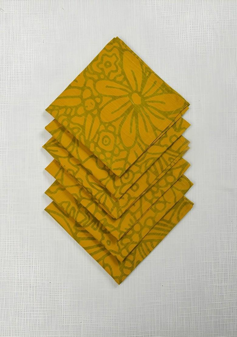 Yellow And Green 6 Pieces Printed Cotton Table Napkins