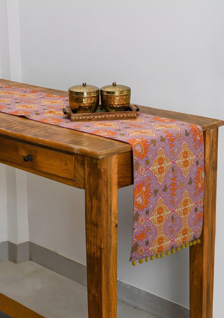 Grey And Purple Floral Printed Pure Cotton Rectangle Table Runner