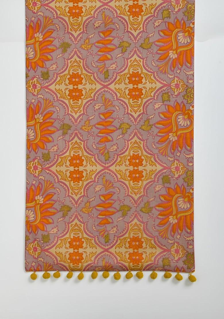 Grey And Purple Floral Printed Pure Cotton Rectangle Table Runner