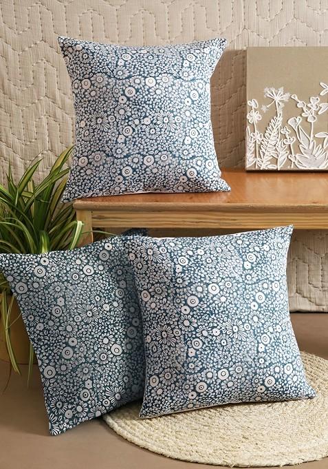 Blue And White 3 Pcs Floral Square Cushion Covers