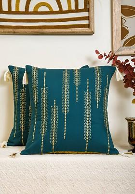 GoldToned And Blue Set Of 2 Embroidered Velvet Square Cushion Covers