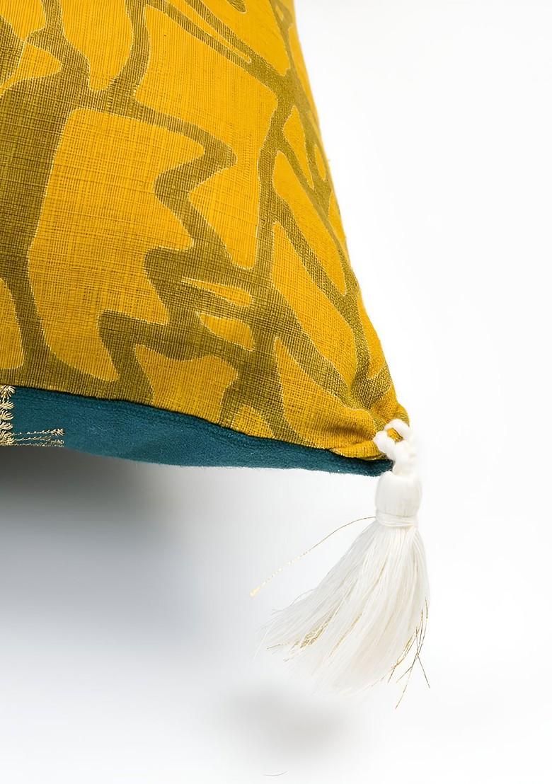 GoldToned And Blue Set Of 2 Embroidered Velvet Square Cushion Covers