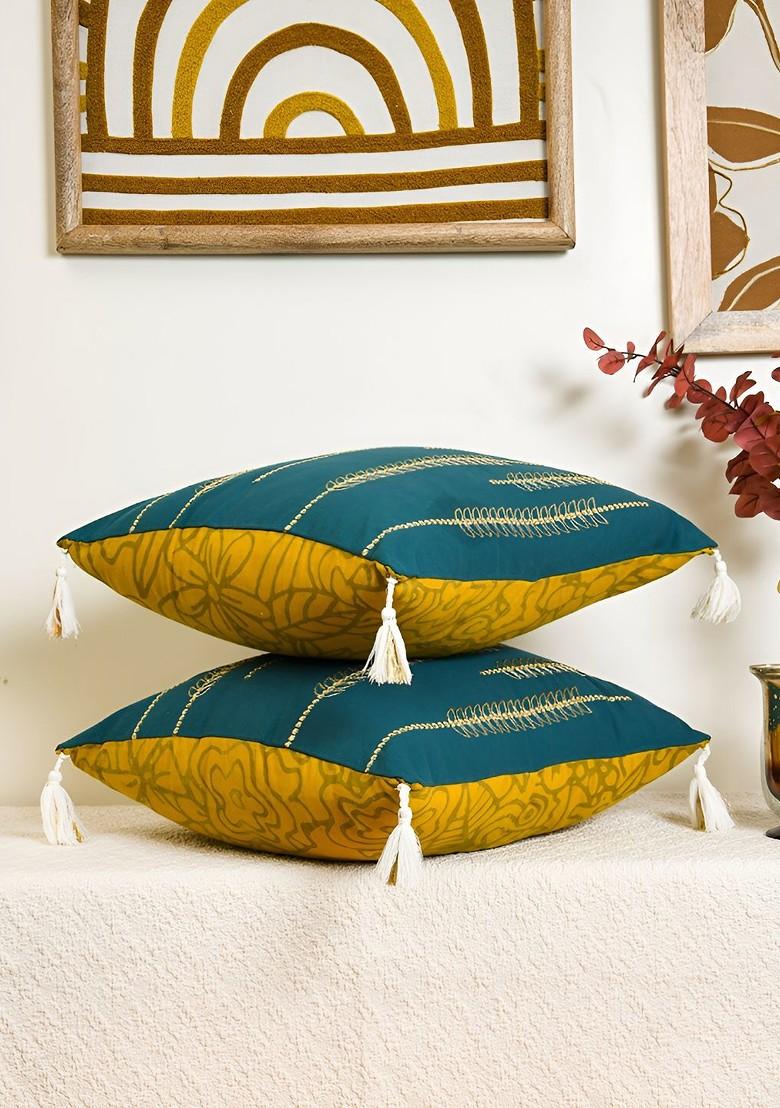 GoldToned And Blue Set Of 2 Embroidered Velvet Square Cushion Covers