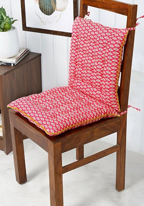 2Pcs White And Pink Printed Cotton Square Cushion Chair Pads