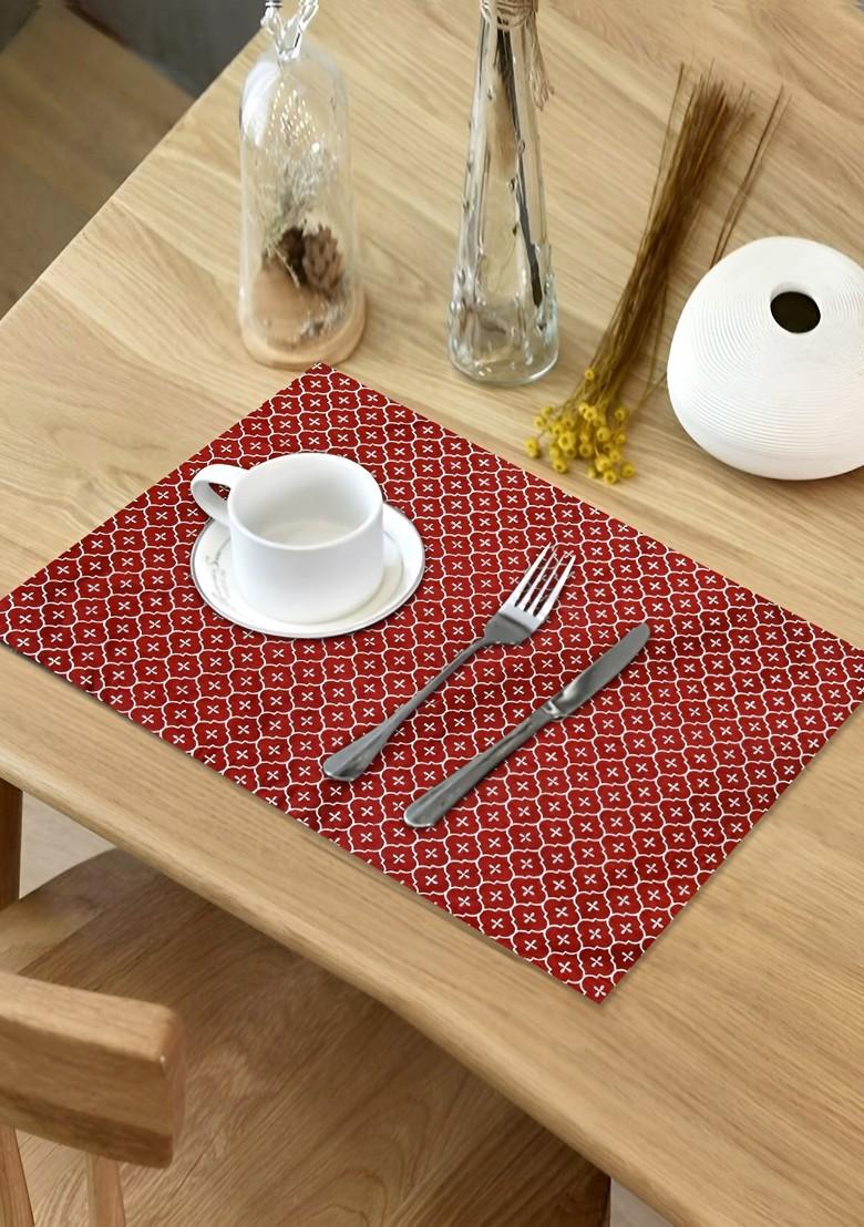 Maroon And Silver Toned 6 Pieces Printed Cotton Table Placemats