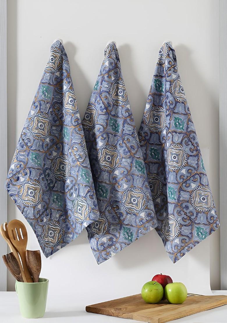 3Pcs Blue Printed Cotton Kitchen Towels