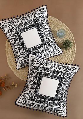 Off White 2 Pieces Ethnic Motifs Embroidered Cotton Square Cushion Covers