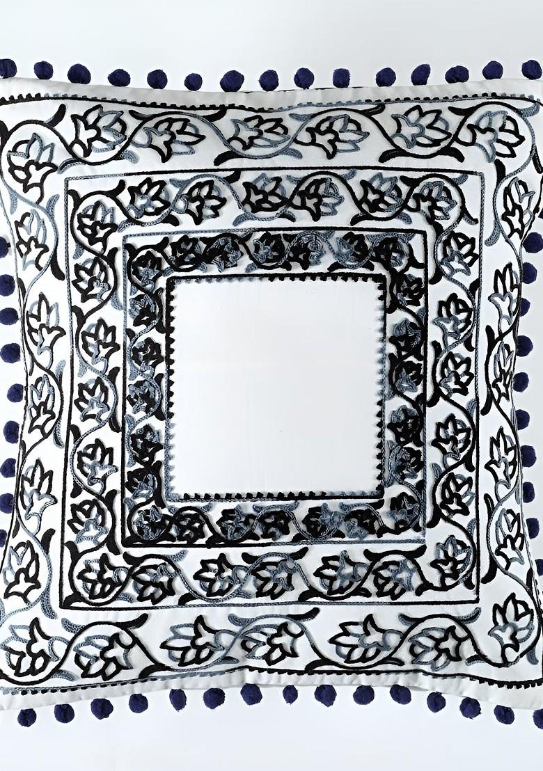 Off White 2 Pieces Ethnic Motifs Embroidered Cotton Square Cushion Covers