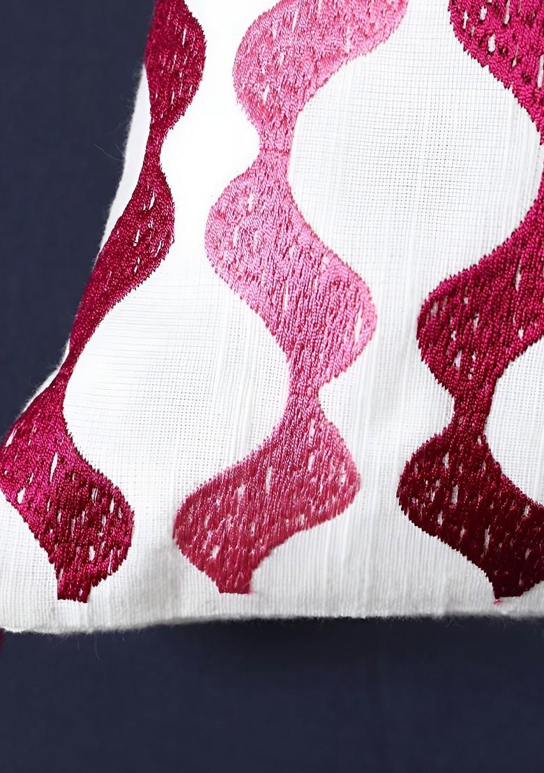 White And Pink 2 Pieces Geometric Embroidered Cotton Square Cushion Covers