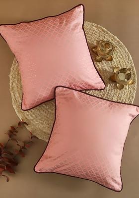 Pink And Gold Toned 2 Pieces Floral Printed Cotton Square Cushion Covers
