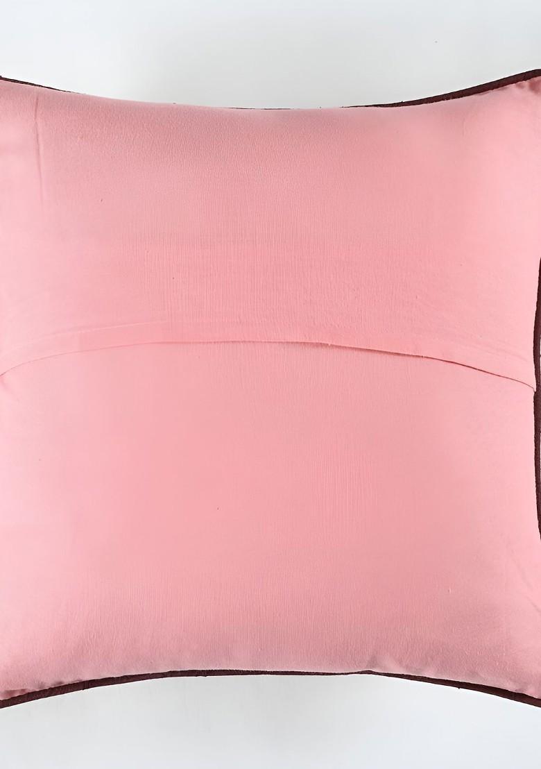 Pink And Gold Toned 2 Pieces Floral Printed Cotton Square Cushion Covers