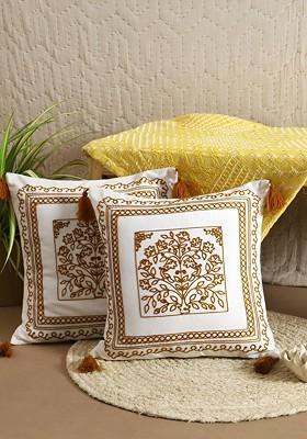 White And Mustard 2 Pieces Floral Embroidered Cotton Square Cushion Covers