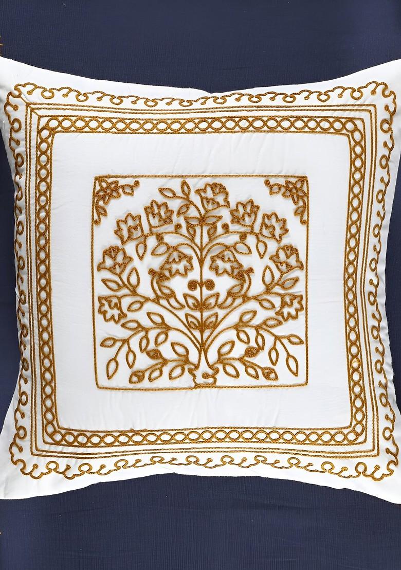 White And Mustard 2 Pieces Floral Embroidered Cotton Square Cushion Covers