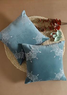 SilverToned And Blue 2 Pcs Embroidered Square Cotton Cushion Covers