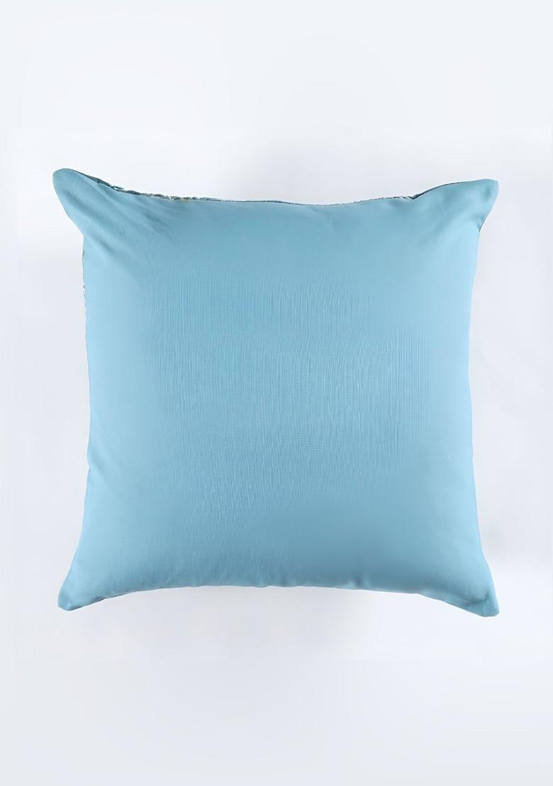 SilverToned And Blue 2 Pcs Embroidered Square Cotton Cushion Covers