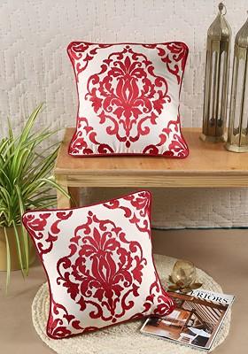 Red And White 2 Pcs Embroidered Square Cotton Cushion Covers