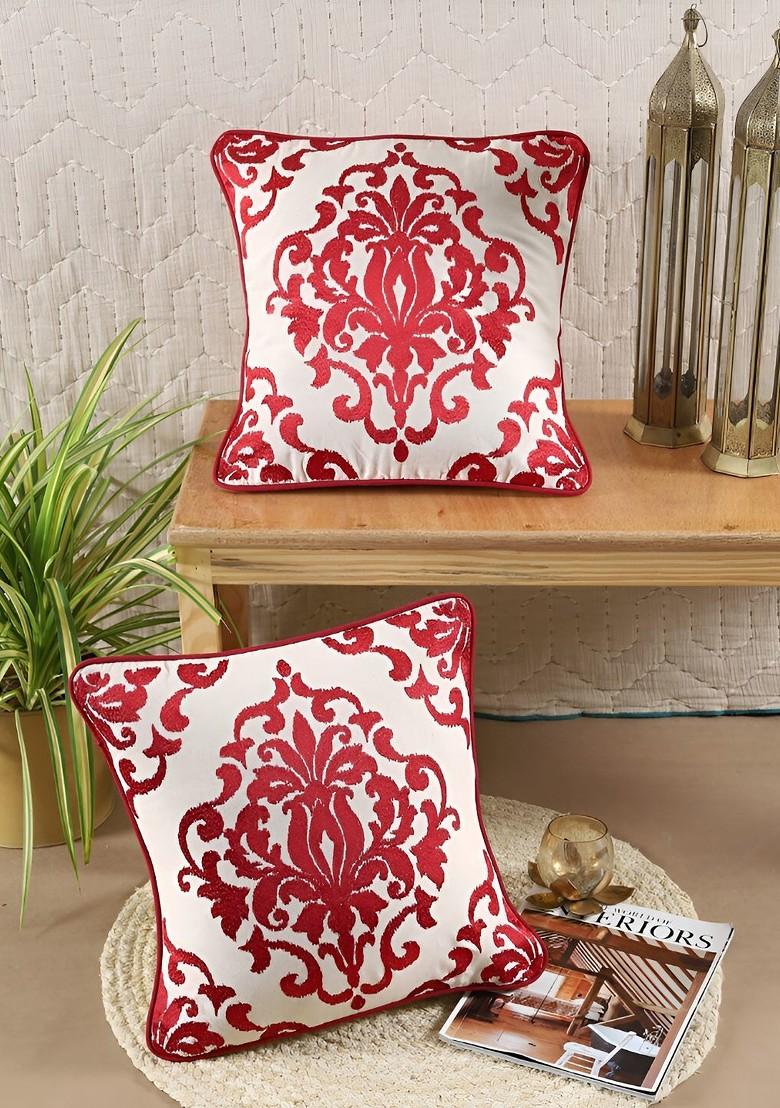 Red And White 2 Pcs Embroidered Square Cotton Cushion Covers