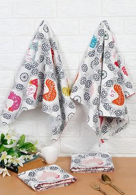 White And Blue 4 Pieces Printed Cotton Kitchen Towels