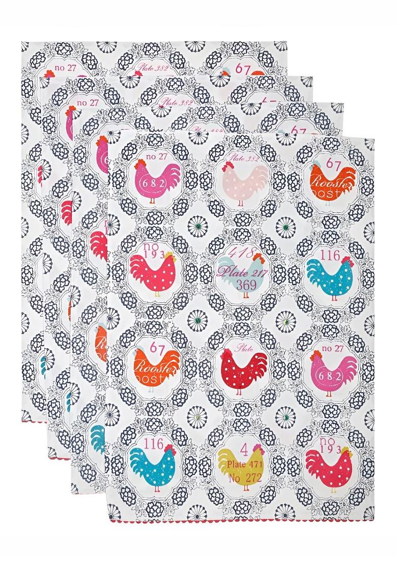 White And Blue 4 Pieces Printed Cotton Kitchen Towels