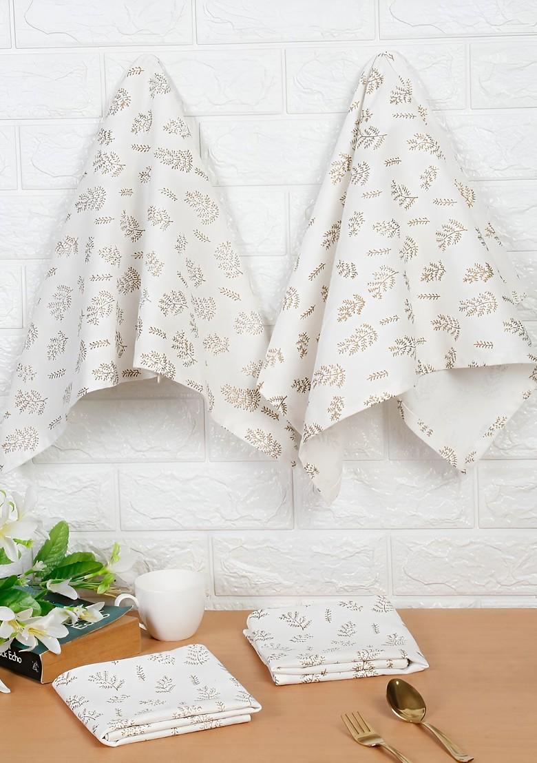White And Beige 4 Pieces Floral Printed Cotton Kitchen Towels