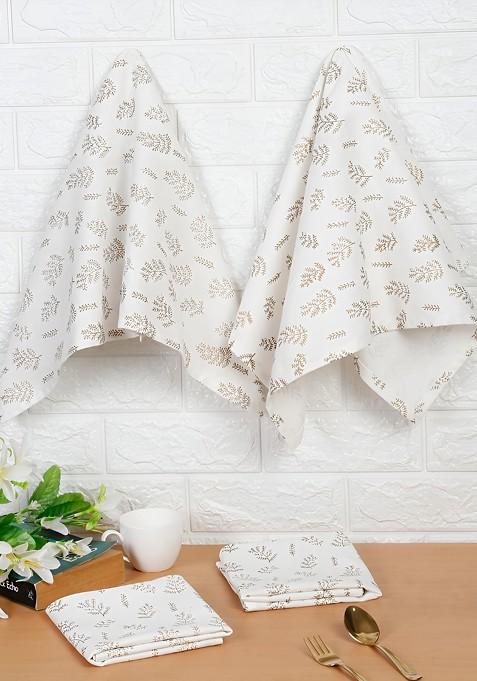 White And Beige 4 Pieces Floral Printed Cotton Kitchen Towels