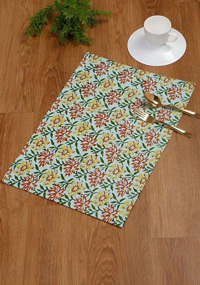 Green And Red 4 Pieces Floral Printed Cotton Table Placemats
