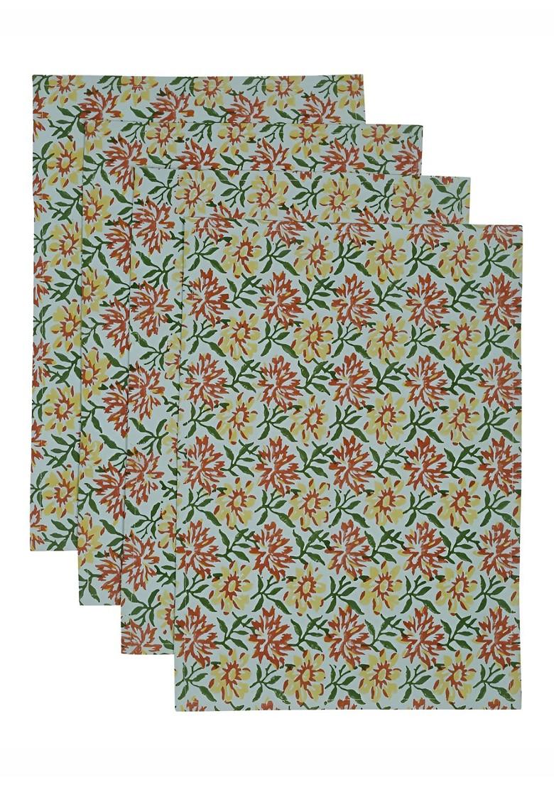 Green And Red 4 Pieces Floral Printed Cotton Table Placemats