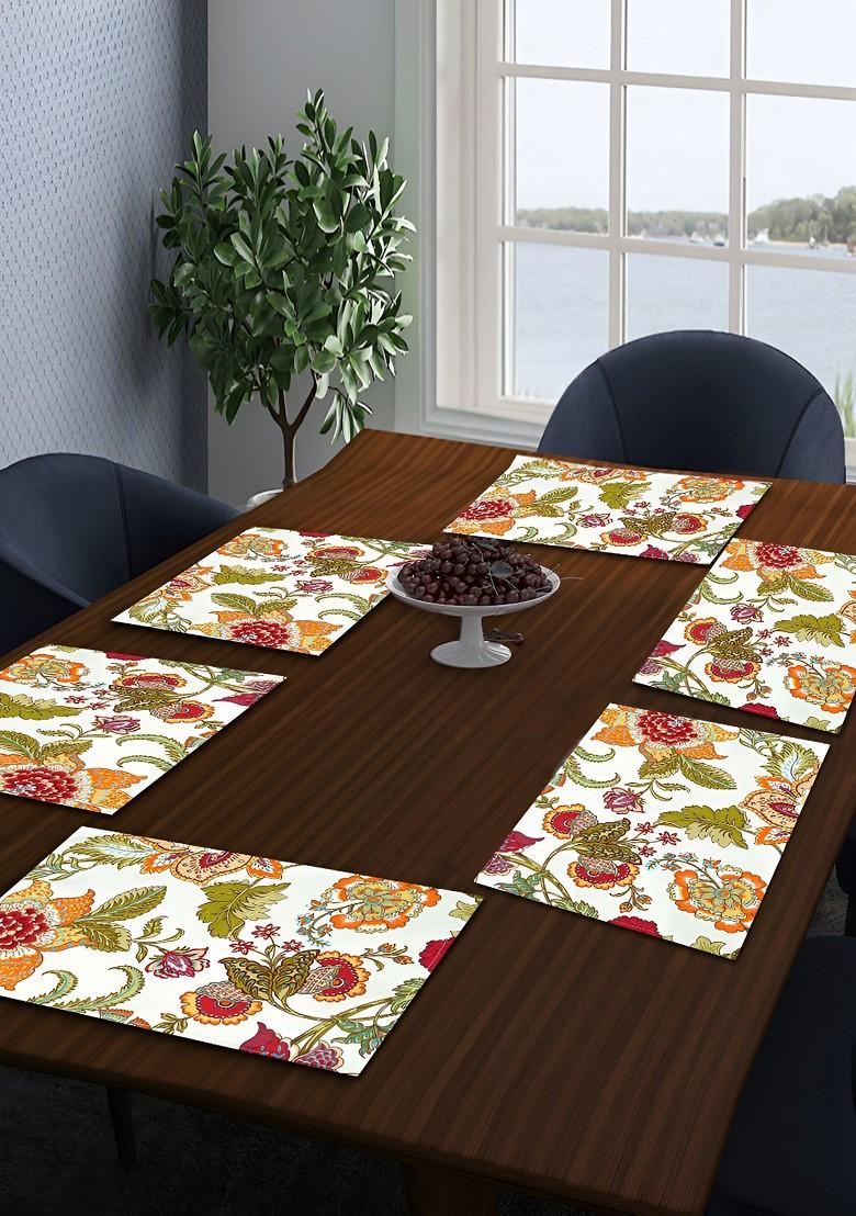 Red And Green 6 Pieces Floral Printed Cotton Table Placemats